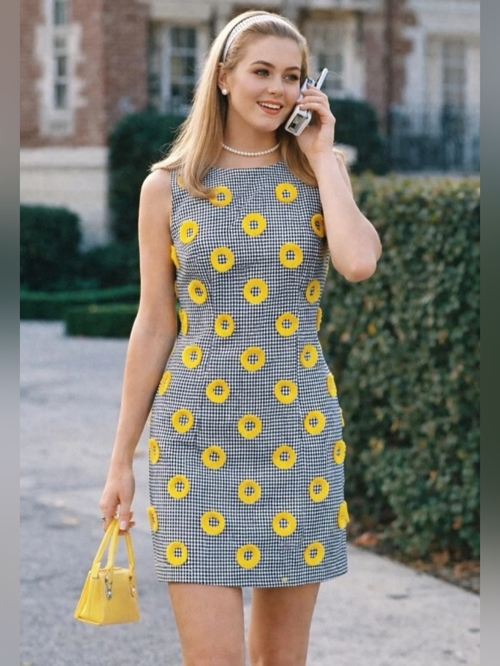 Vintage Y2K Carlisle Dress Yellow Floral Dot Gingham Sheath Dress - Women